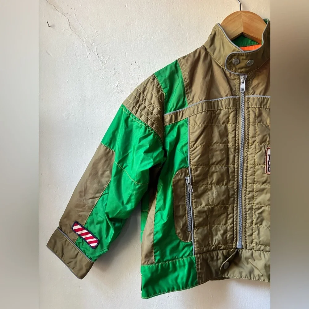 Oilily Kids Jacket Green and Brown Vintage Moto Racing Style Jacket w Patches